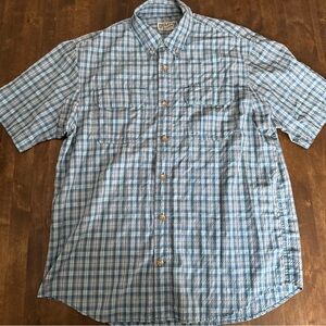 Duluth Trading Mens Large Blue Plaid Shirt Short Sleeve Outdoor Office Cooling
